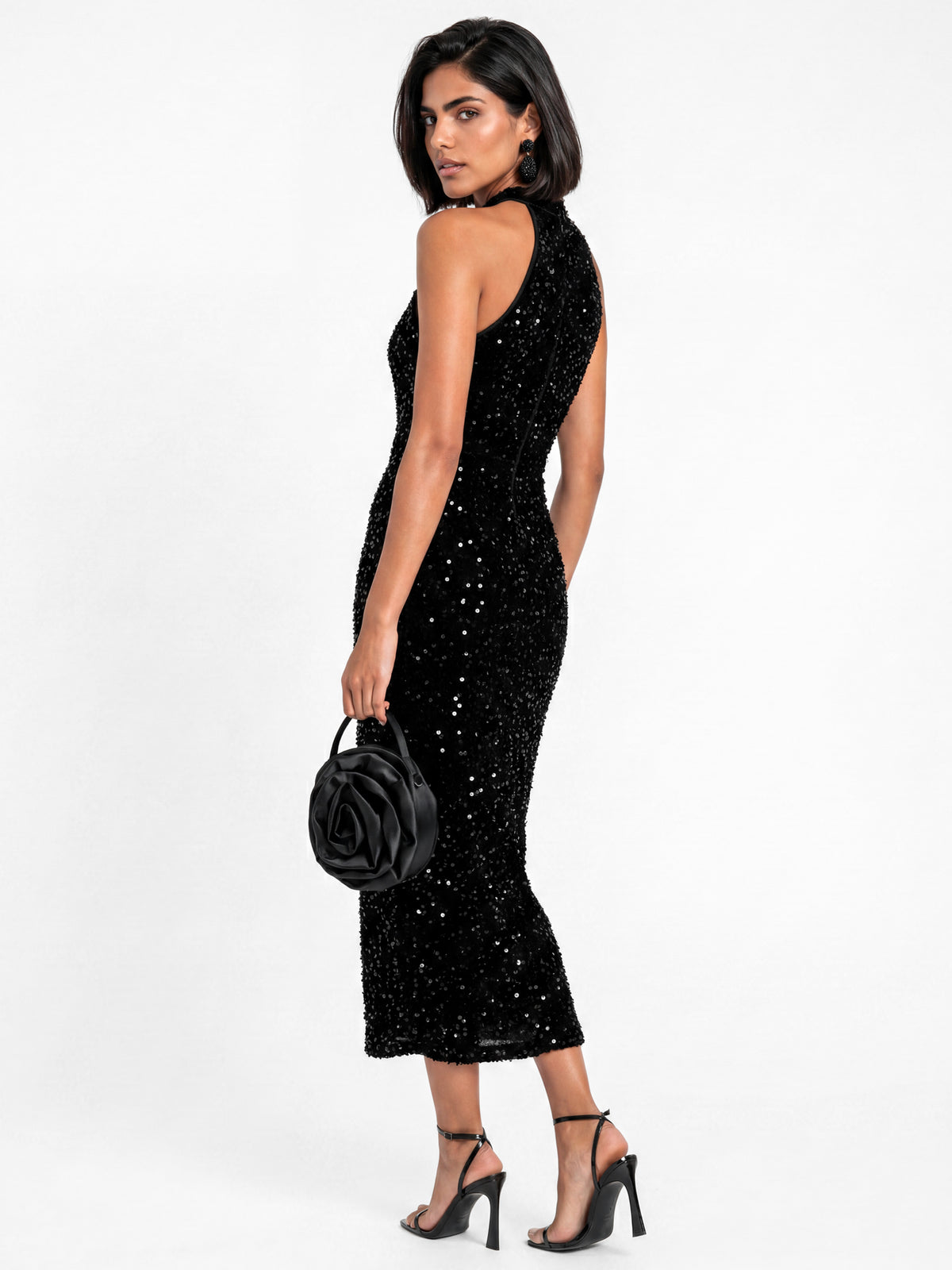 Maya Black Embellished Velvet Halter Neck Midi Dress