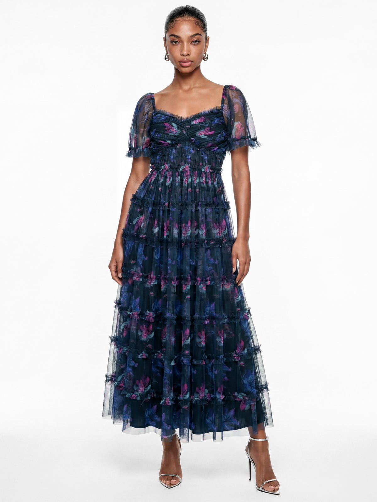 Anaya With Love Recycled Navy Floral Print Ruffle Midaxi Dress