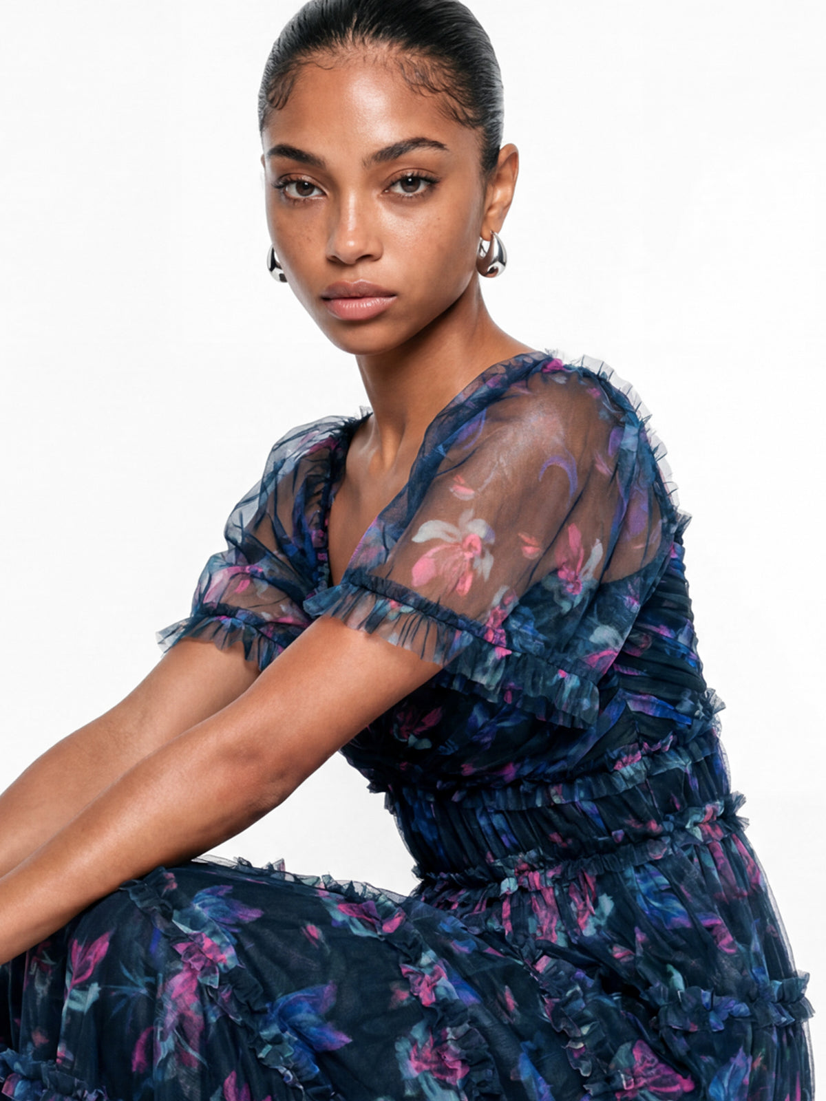 Anaya With Love Recycled Navy Floral Print Ruffle Midaxi Dress