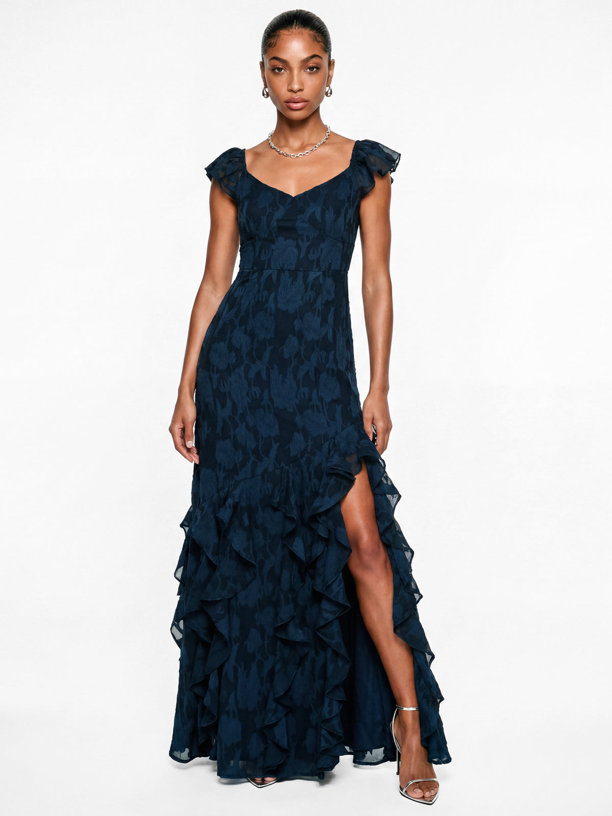Anaya With Love Recycled Navy Floral Burnout Ruffle Maxi Dress