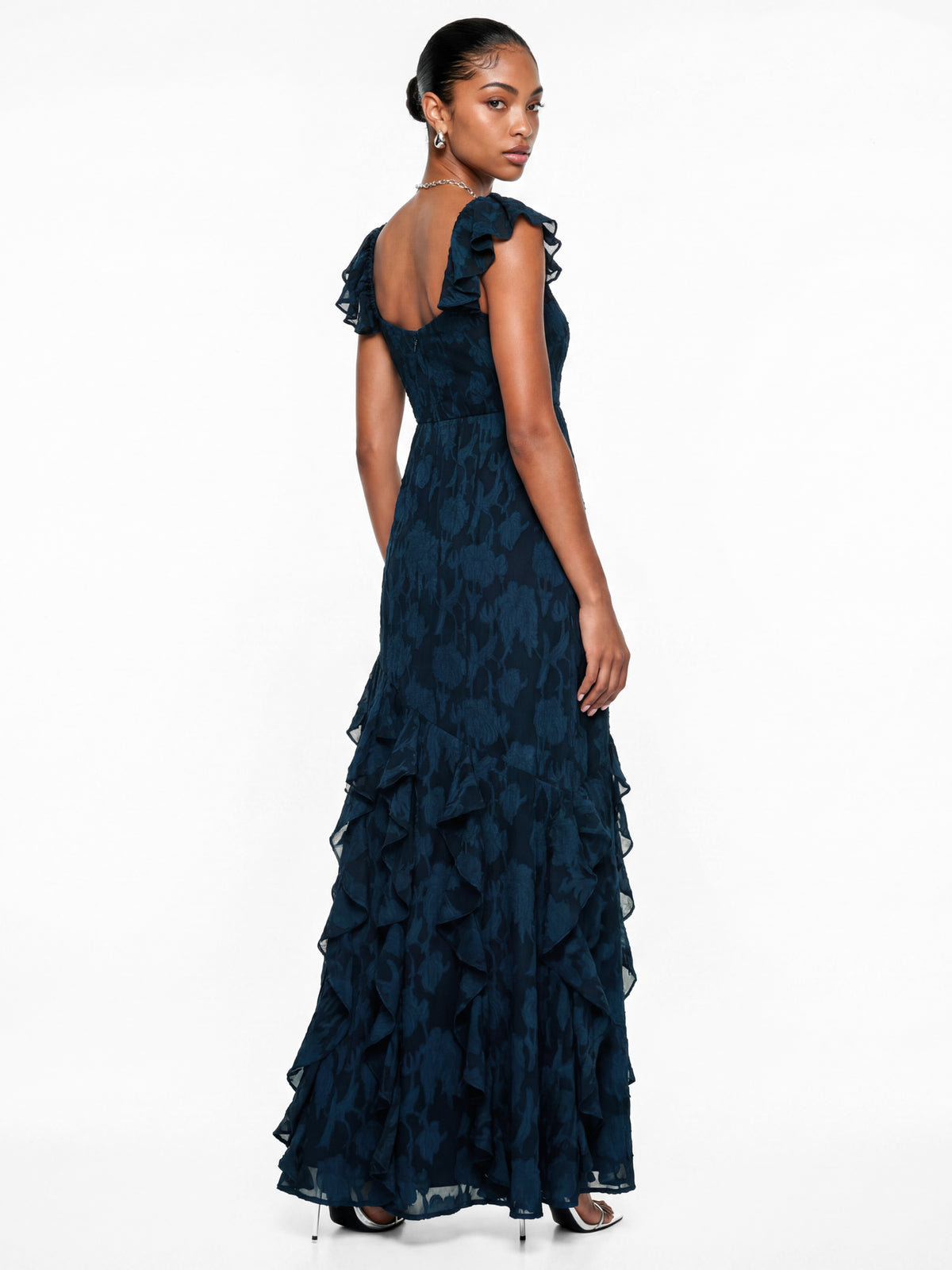 Anaya With Love Recycled Navy Floral Burnout Ruffle Maxi Dress