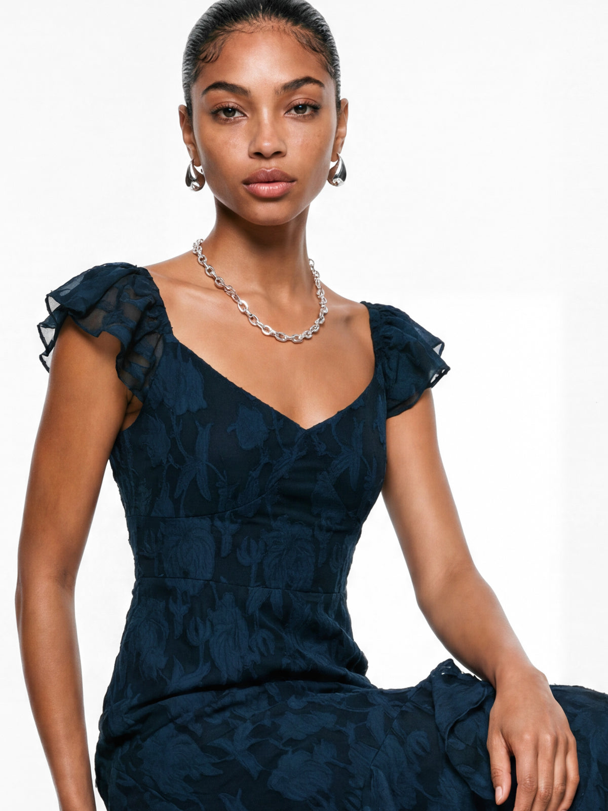 Anaya With Love Recycled Navy Floral Burnout Ruffle Maxi Dress