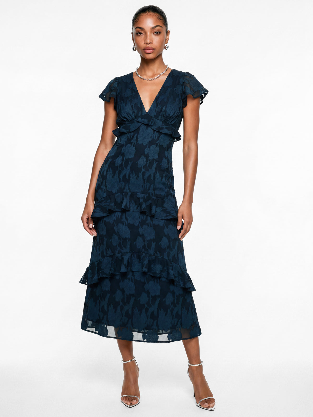 Anaya With Love Recycled Navy Floral Burnout V Neck Ruffle Midi Dress