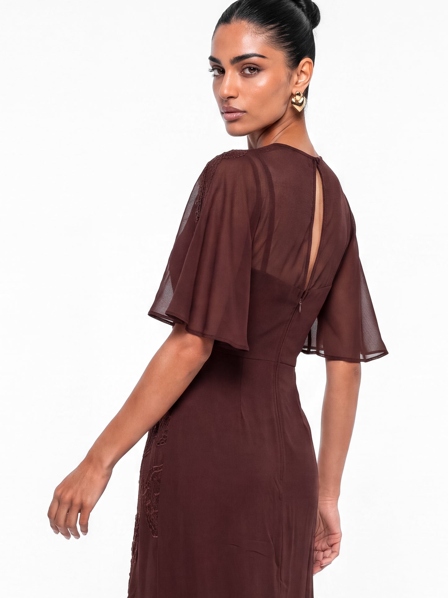 Maya Espresso Floral Embellished Angel Sleeve Maxi Dress