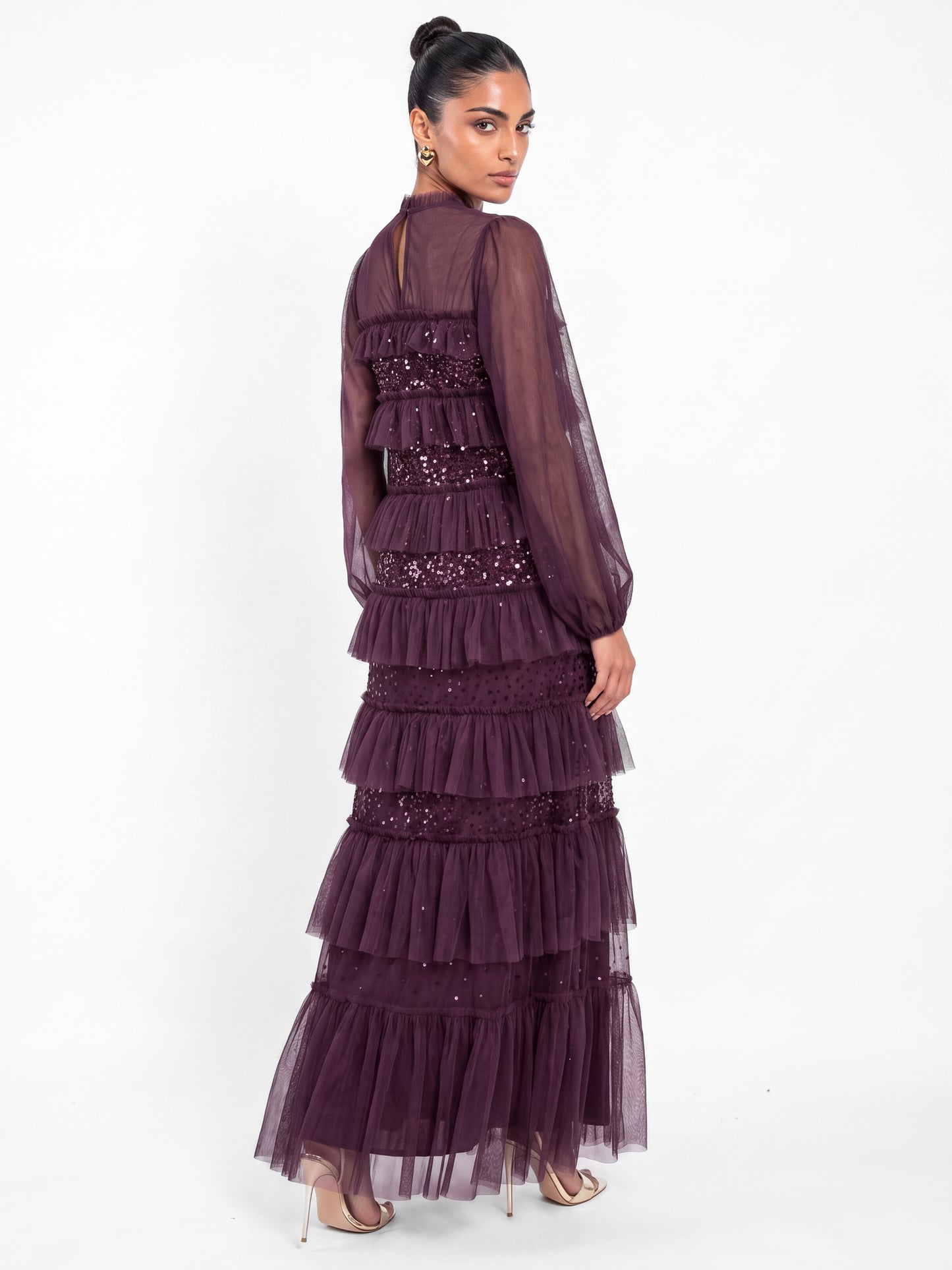 Maya Berry Embellished Ruffle Tiered Maxi Dress