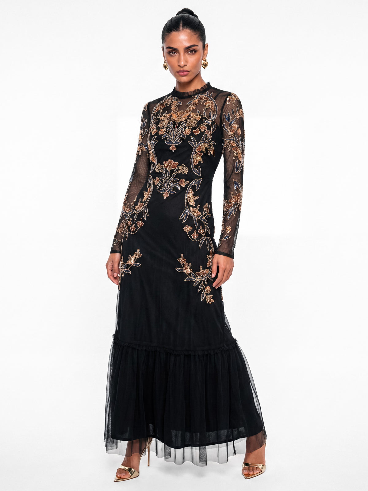 Maya Black Embellished Long Sleeve High Neck Midaxi Dress