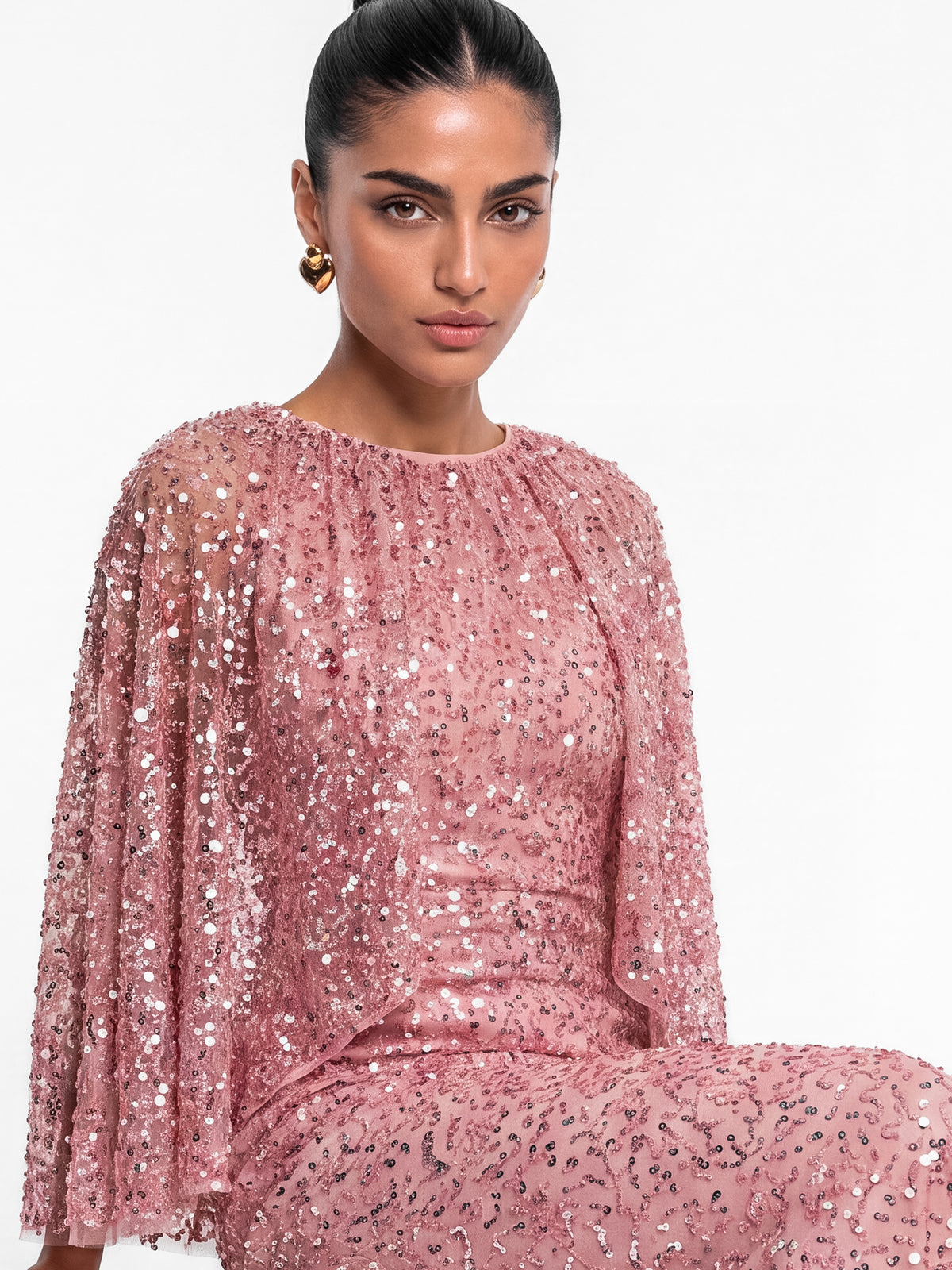 Maya Soft Pink Fully Embellished Cape Sleeve Maxi Dress