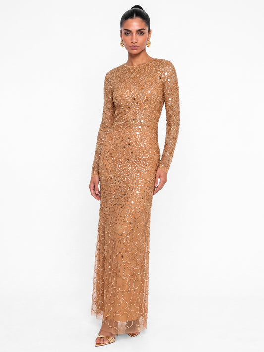 Maya Almond Fully Embellished Long Sleeve Maxi Dress