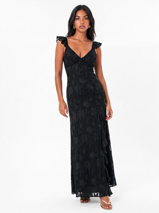 Anaya With Love Black Floral Burnout Strappy Maxi Dress with Ruffle Detail