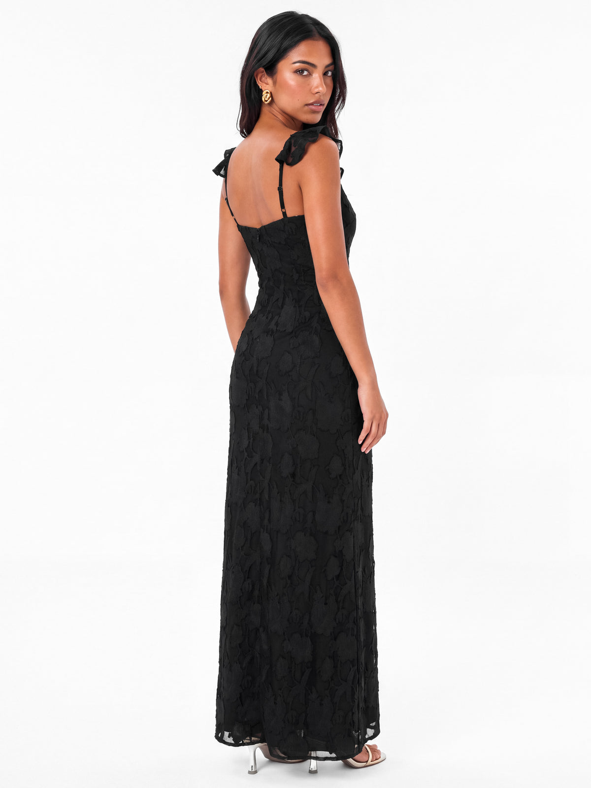 Anaya With Love Black Floral Burnout Strappy Maxi Dress with Ruffle Detail