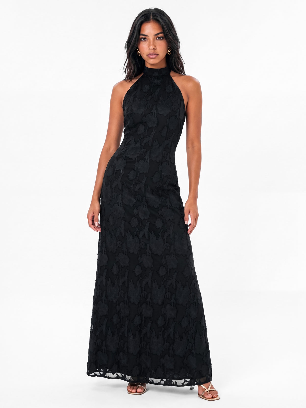 Anaya With Love Recycled Black Floral Burnout Halter Neck & Open Back Maxi Dress