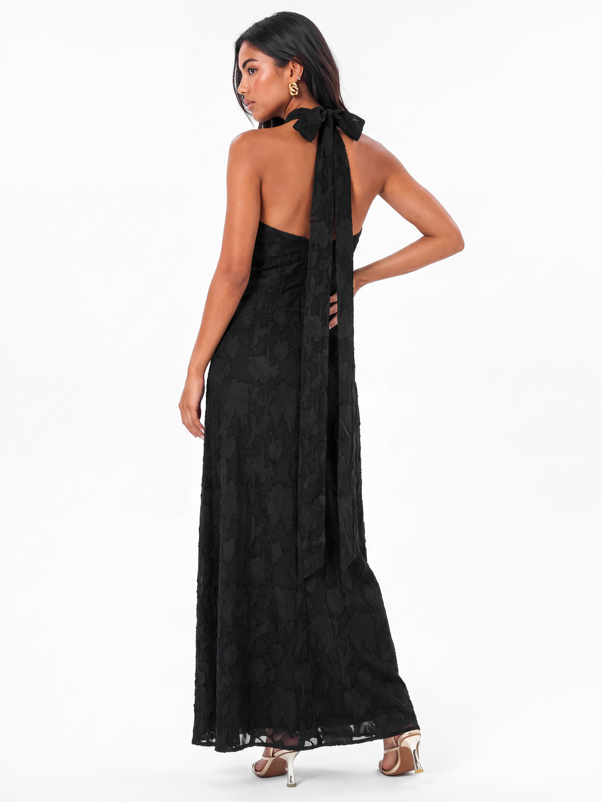 Anaya With Love Recycled Black Floral Burnout Halter Neck & Open Back Maxi Dress