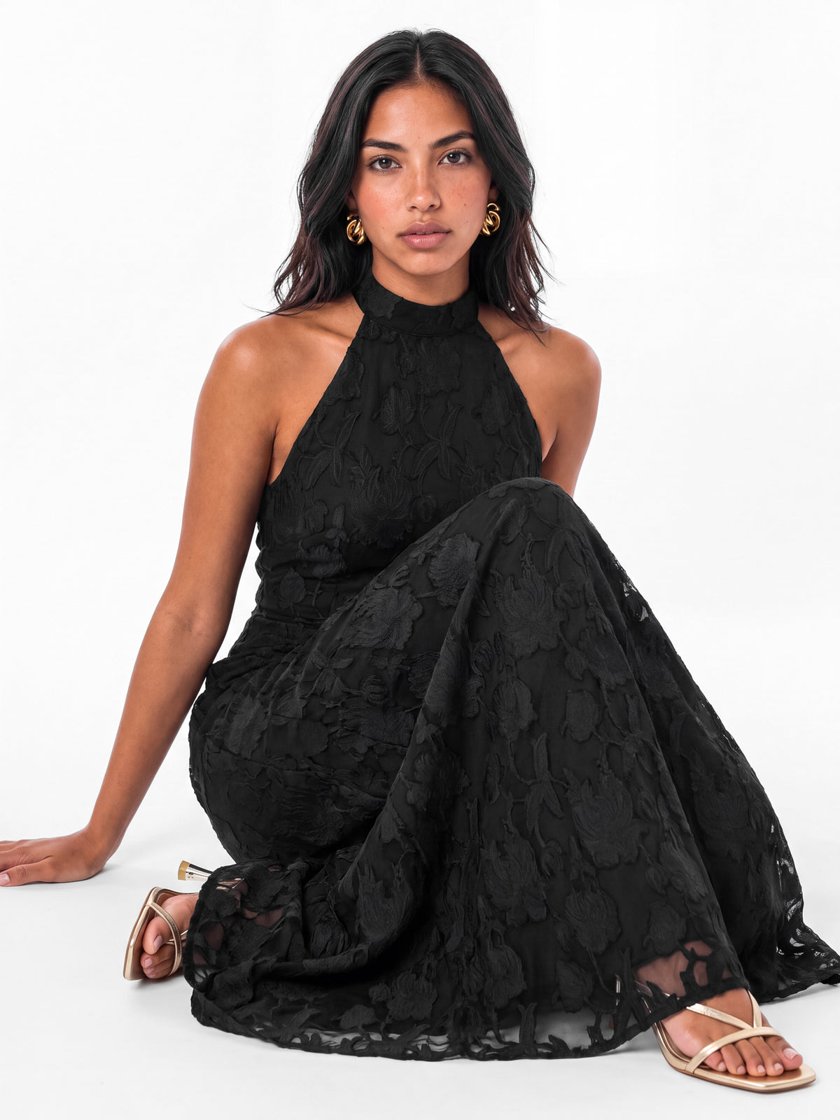 Anaya With Love Recycled Black Floral Burnout Halter Neck & Open Back Maxi Dress