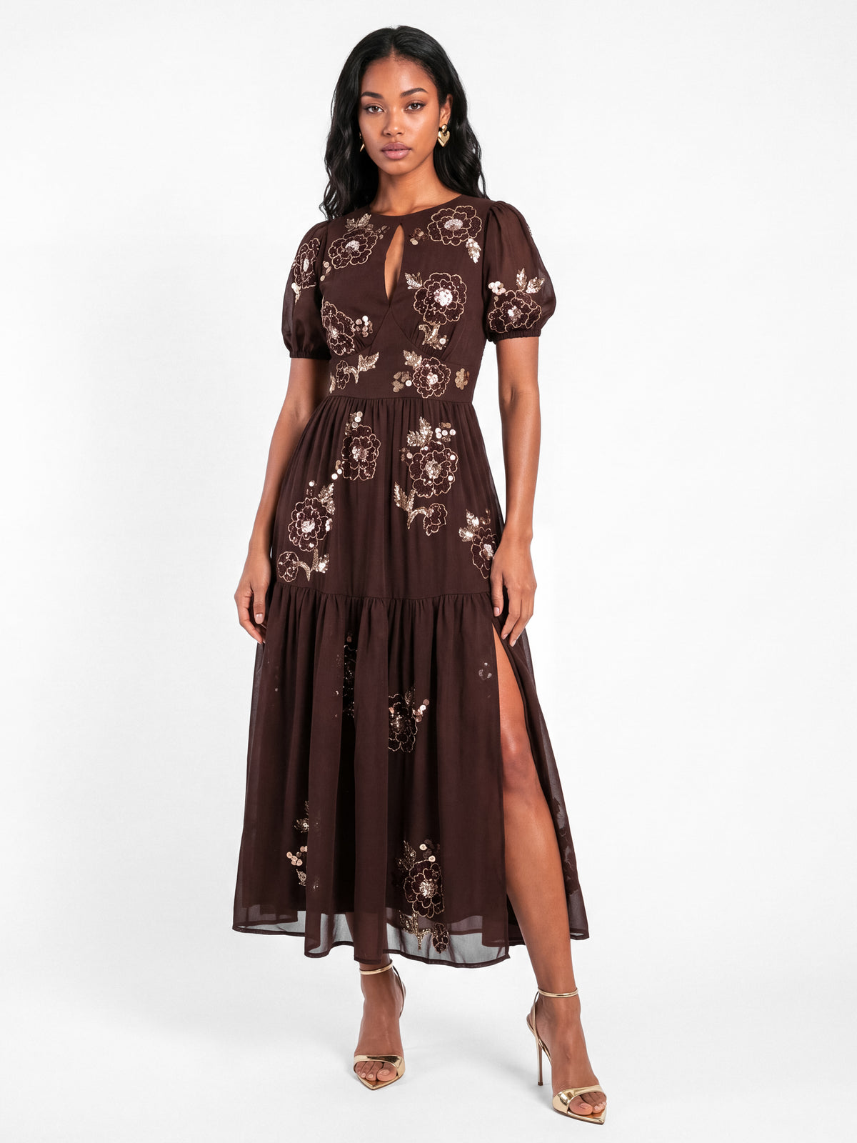 Maya Chocolate Embellished Keyhole Detail Tiered Midaxi Dress