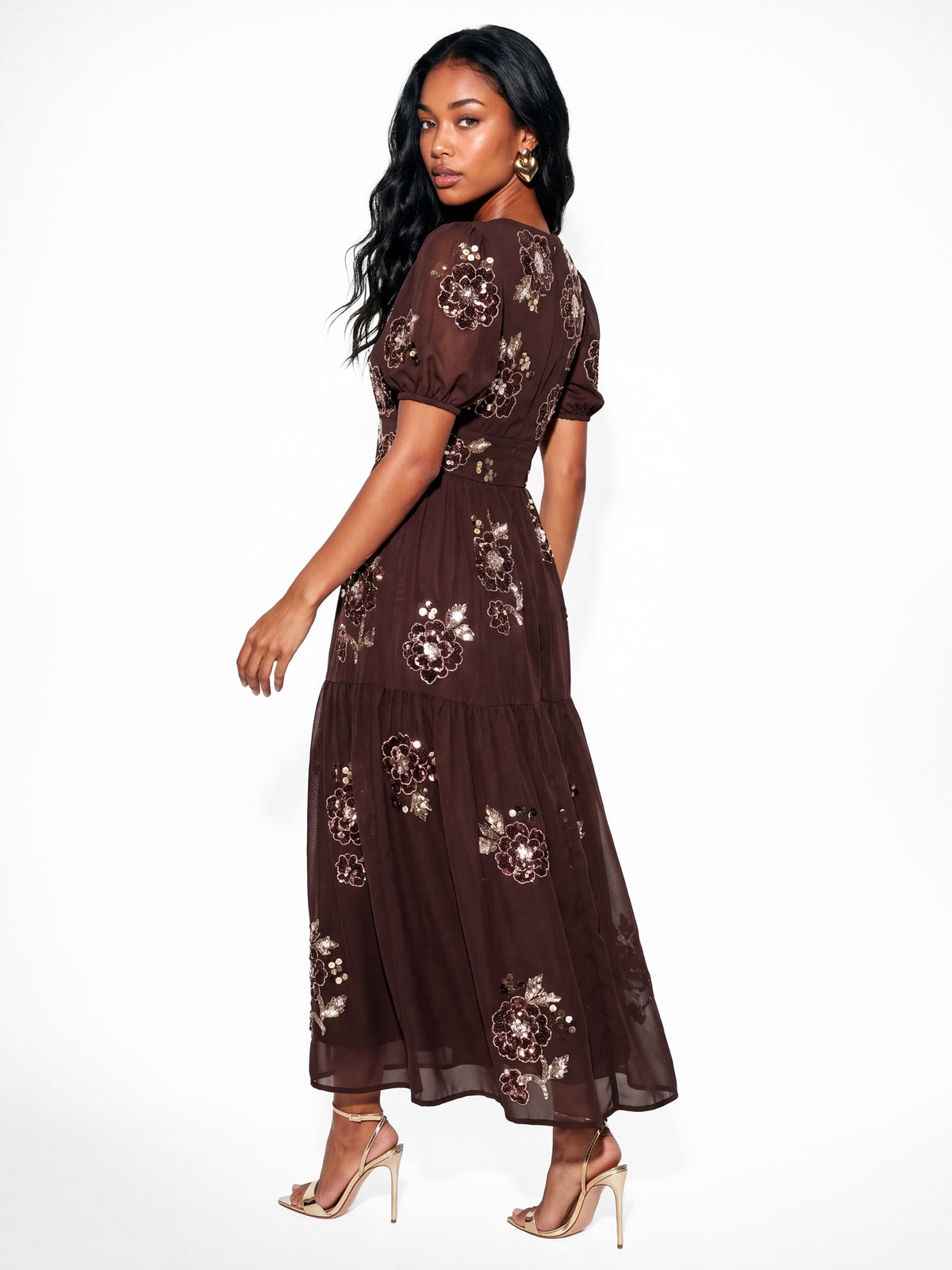 Maya Chocolate Embellished Keyhole Detail Tiered Midaxi Dress