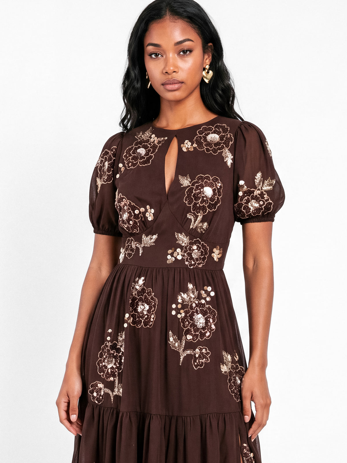 Maya Chocolate Embellished Keyhole Detail Tiered Midaxi Dress