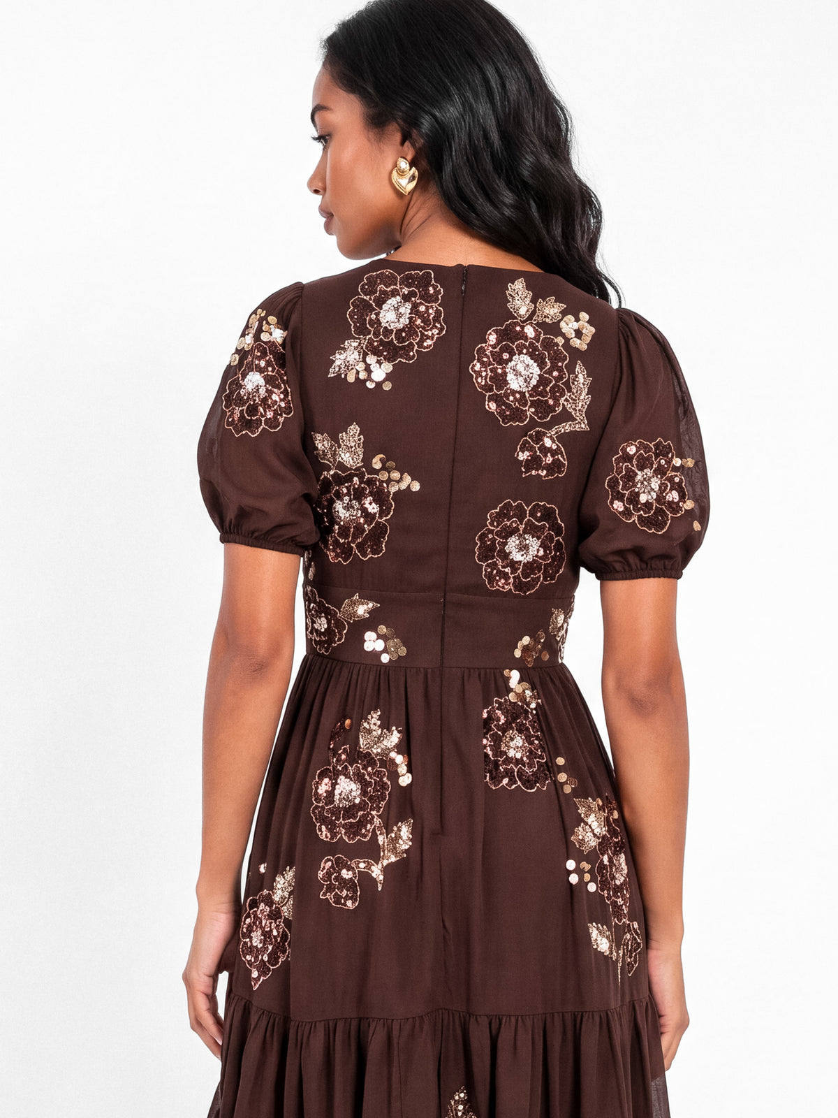 Maya Chocolate Embellished Keyhole Detail Tiered Midaxi Dress