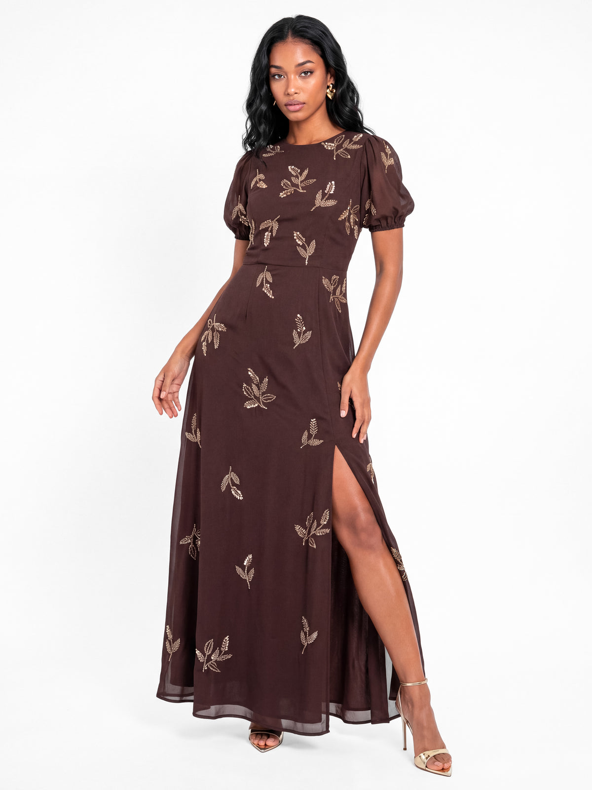 Maya Chocolate Embellished Short Sleeve Maxi Dress with Open Back