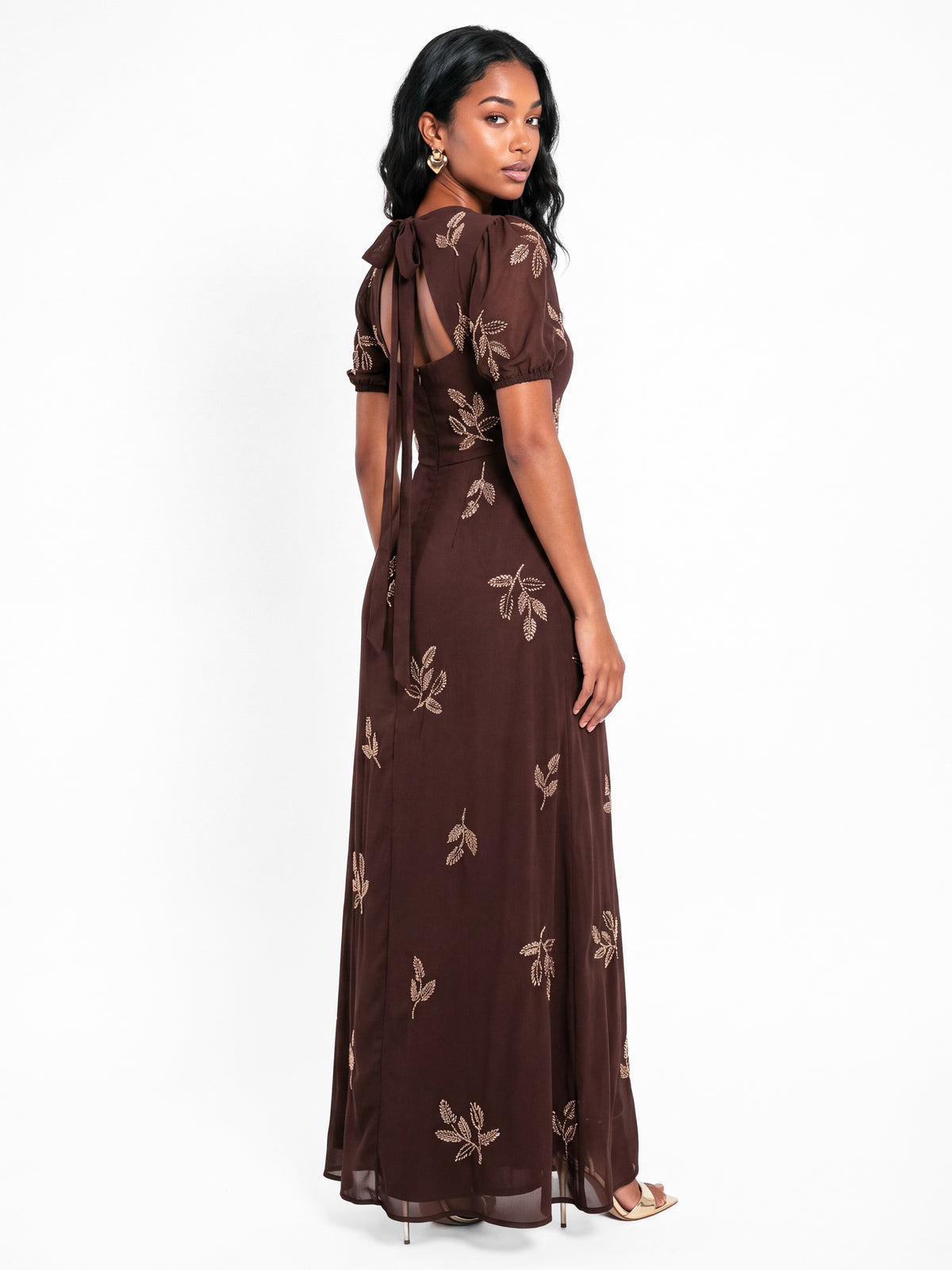 Maya Chocolate Embellished Short Sleeve Maxi Dress with Open Back
