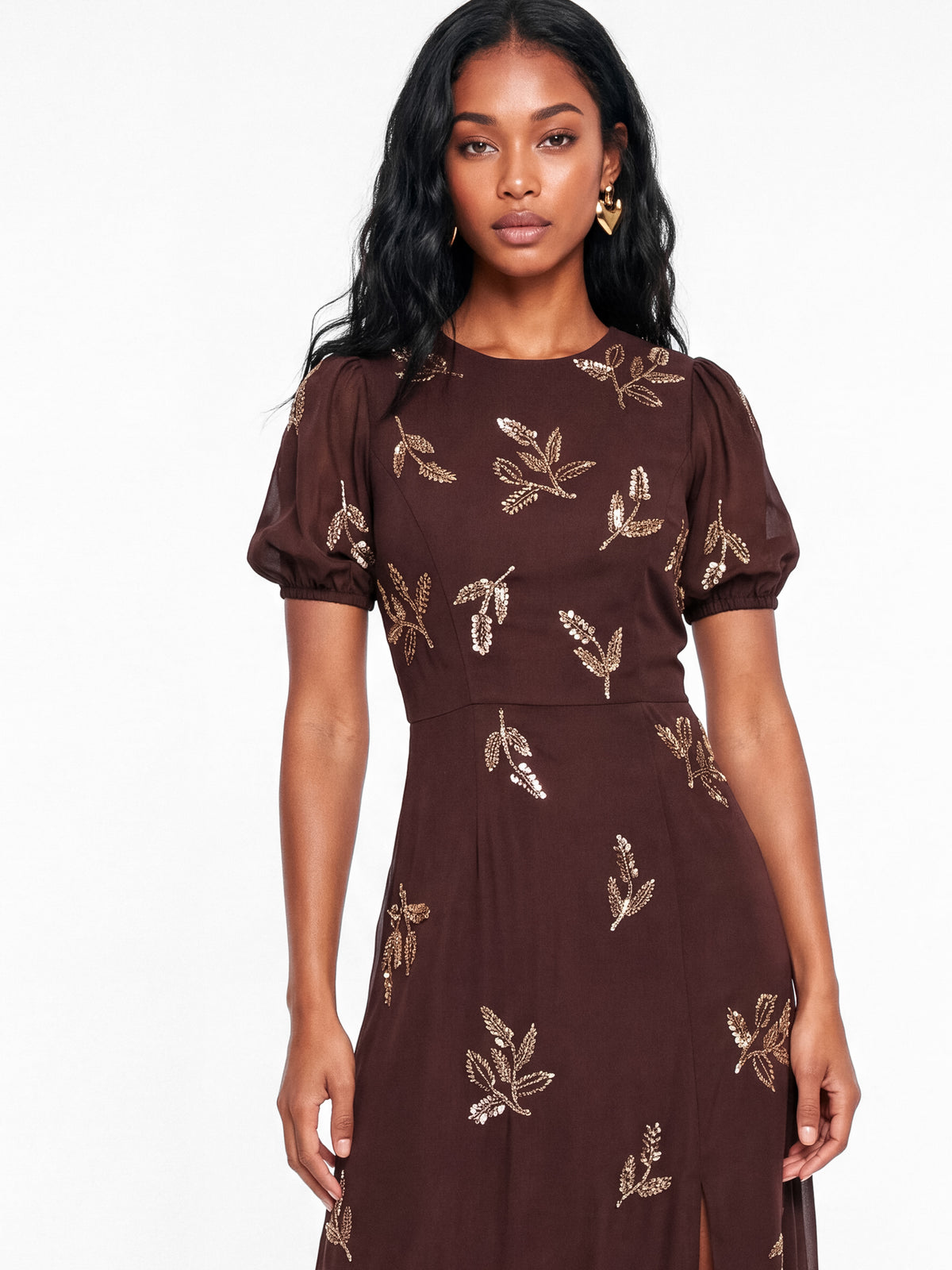 Maya Chocolate Embellished Short Sleeve Maxi Dress with Open Back