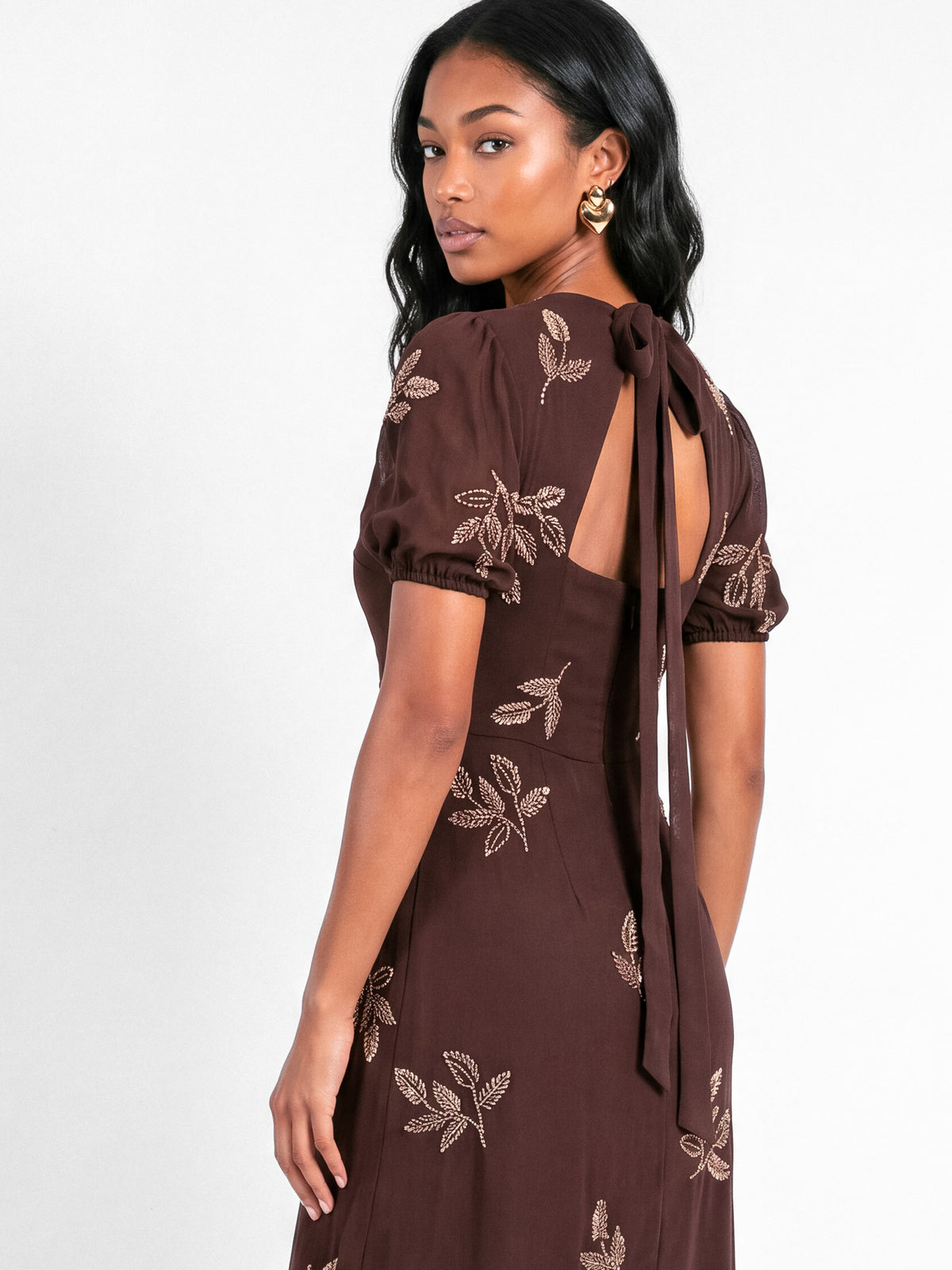 Maya Chocolate Embellished Short Sleeve Maxi Dress with Open Back