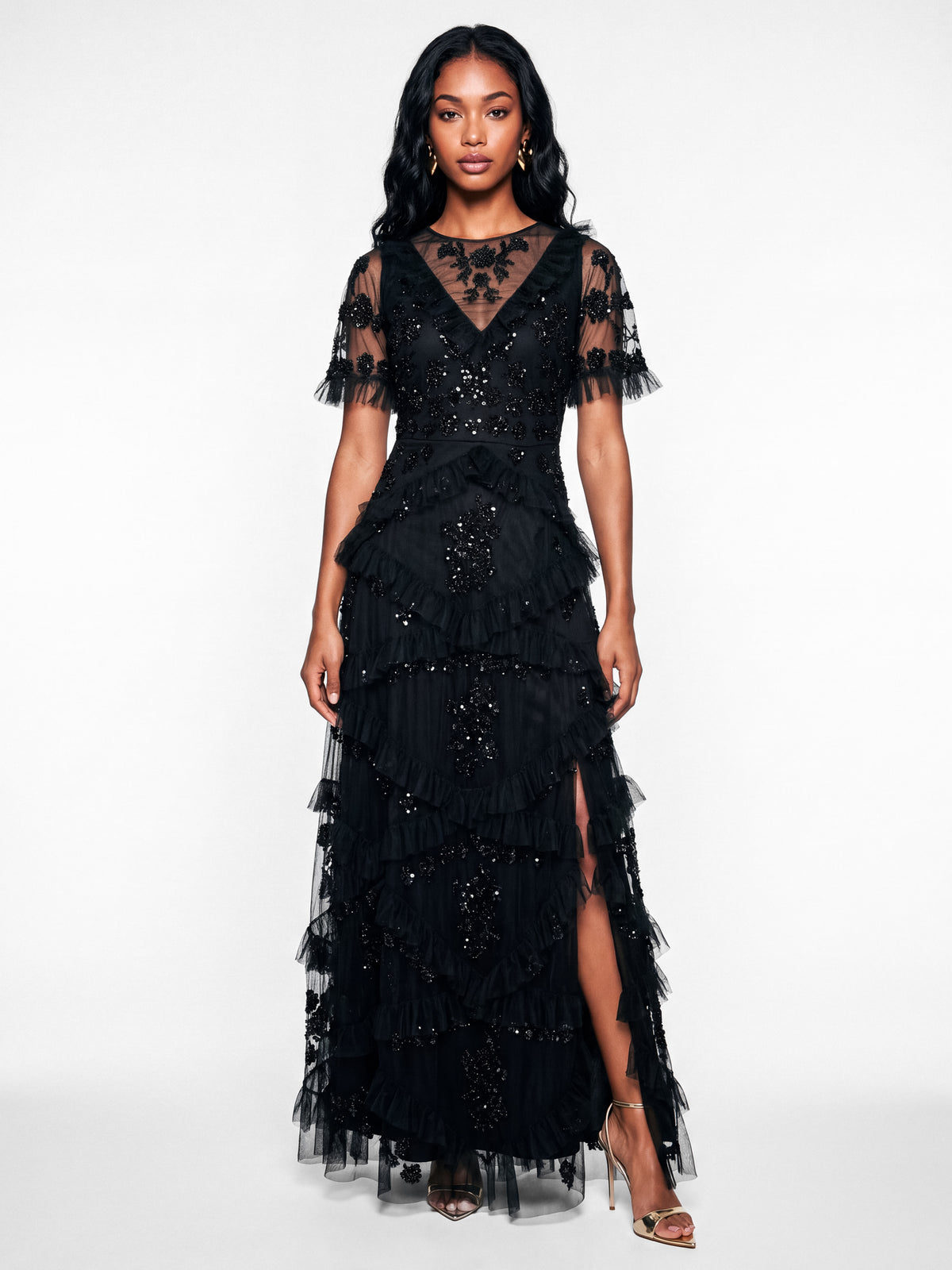 Maya Black Embellished Angel Sleeve Ruffled Maxi Dress
