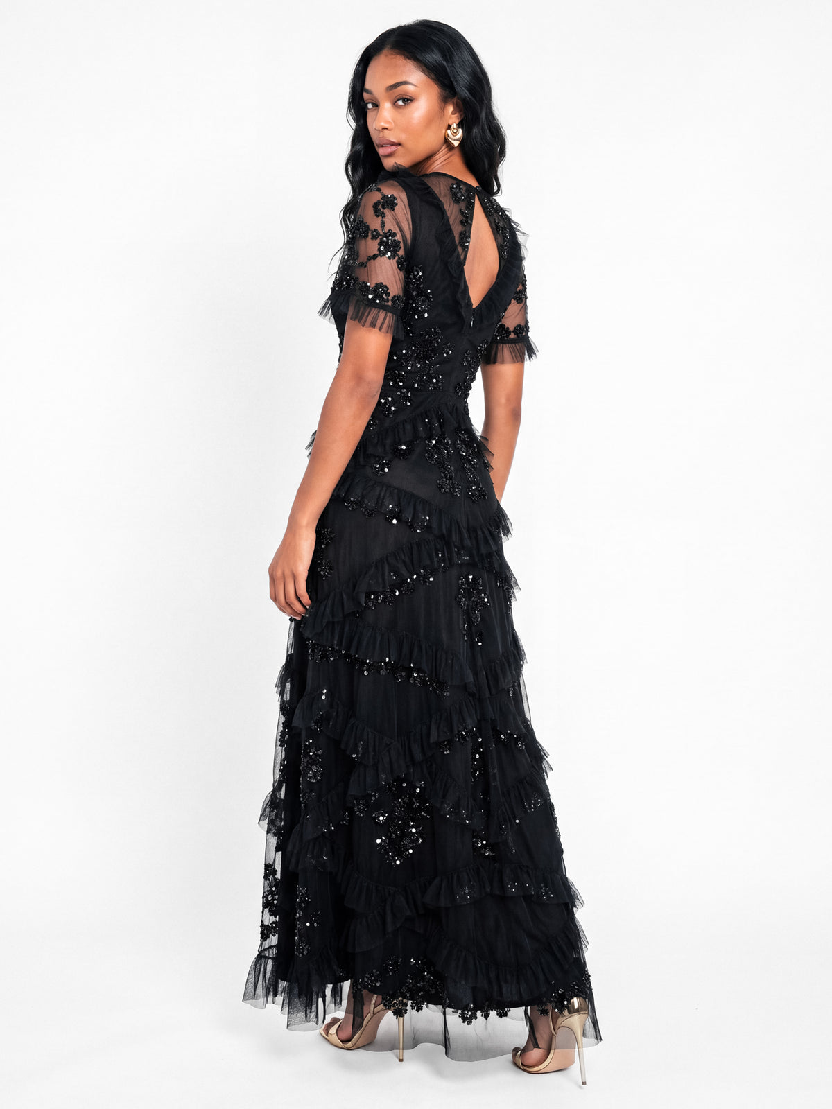 Maya Black Embellished Angel Sleeve Ruffled Maxi Dress