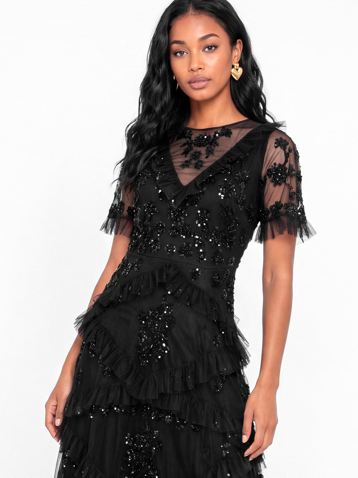 Maya Black Embellished Angel Sleeve Ruffled Maxi Dress