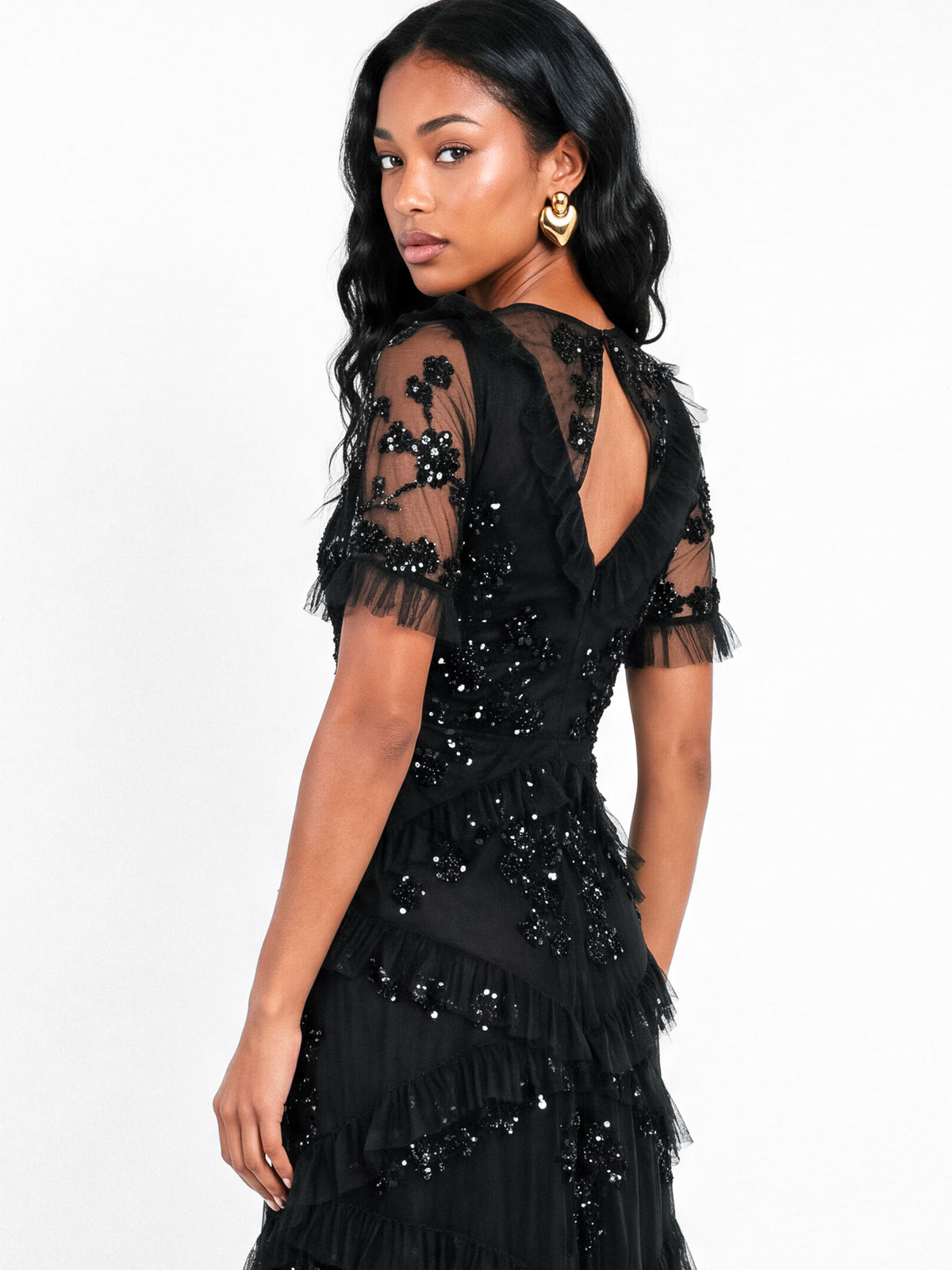 Maya Black Embellished Angel Sleeve Ruffled Maxi Dress