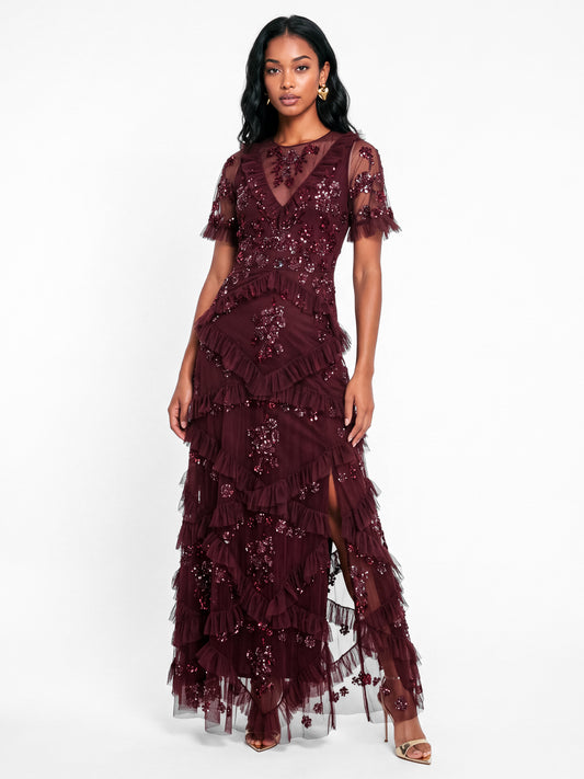 Maya Red Berry Embellished Angel Sleeve Ruffled Maxi Dress