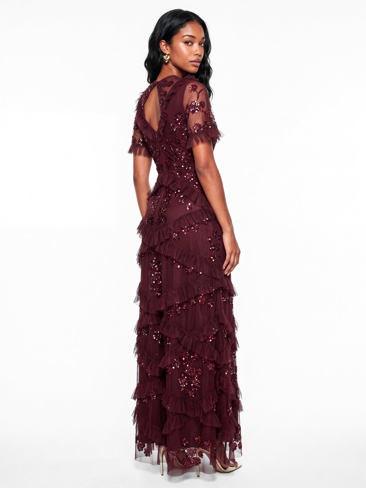 Maya Red Berry Embellished Angel Sleeve Ruffled Maxi Dress