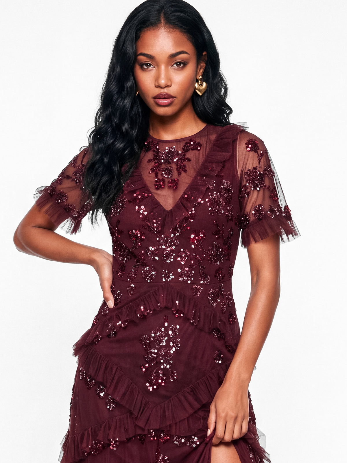 Maya Red Berry Embellished Angel Sleeve Ruffled Maxi Dress