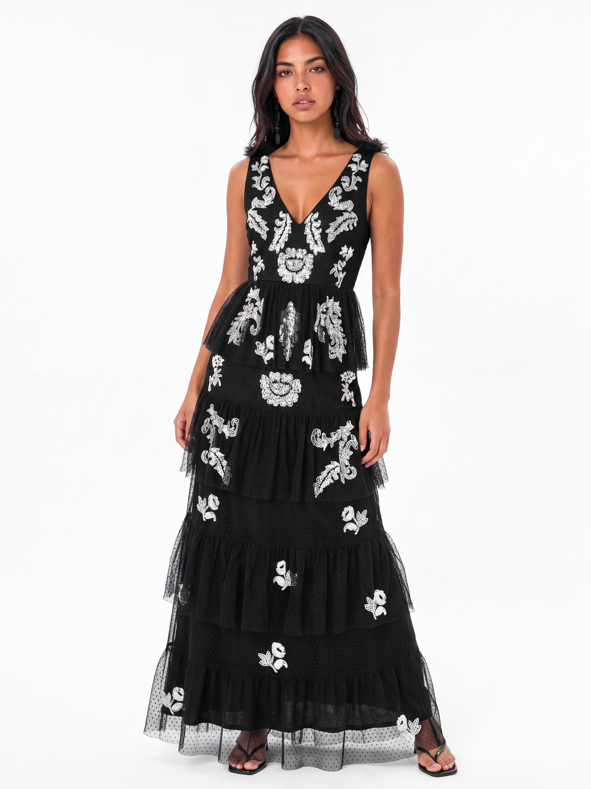 Maya Black Spot Mesh Embellished Tiered Maxi Dress