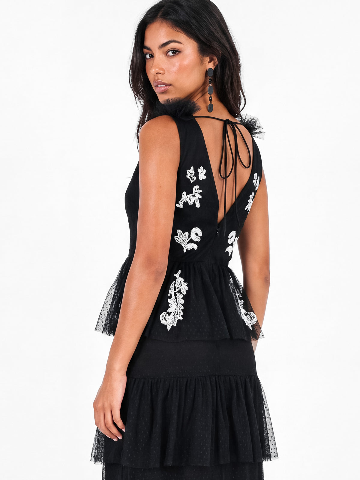 Maya Black Spot Mesh Embellished Tiered Maxi Dress