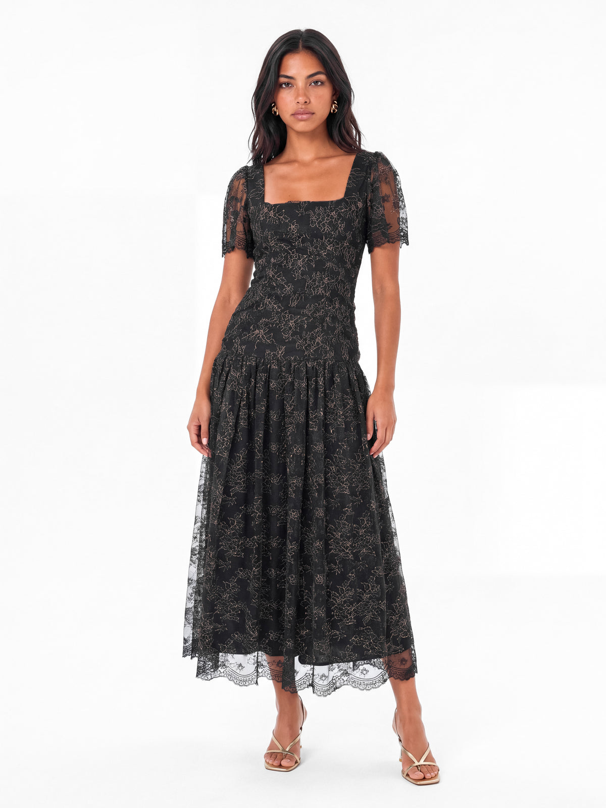 Maya Black Square Neck Ruched Lace Midaxi Dress
