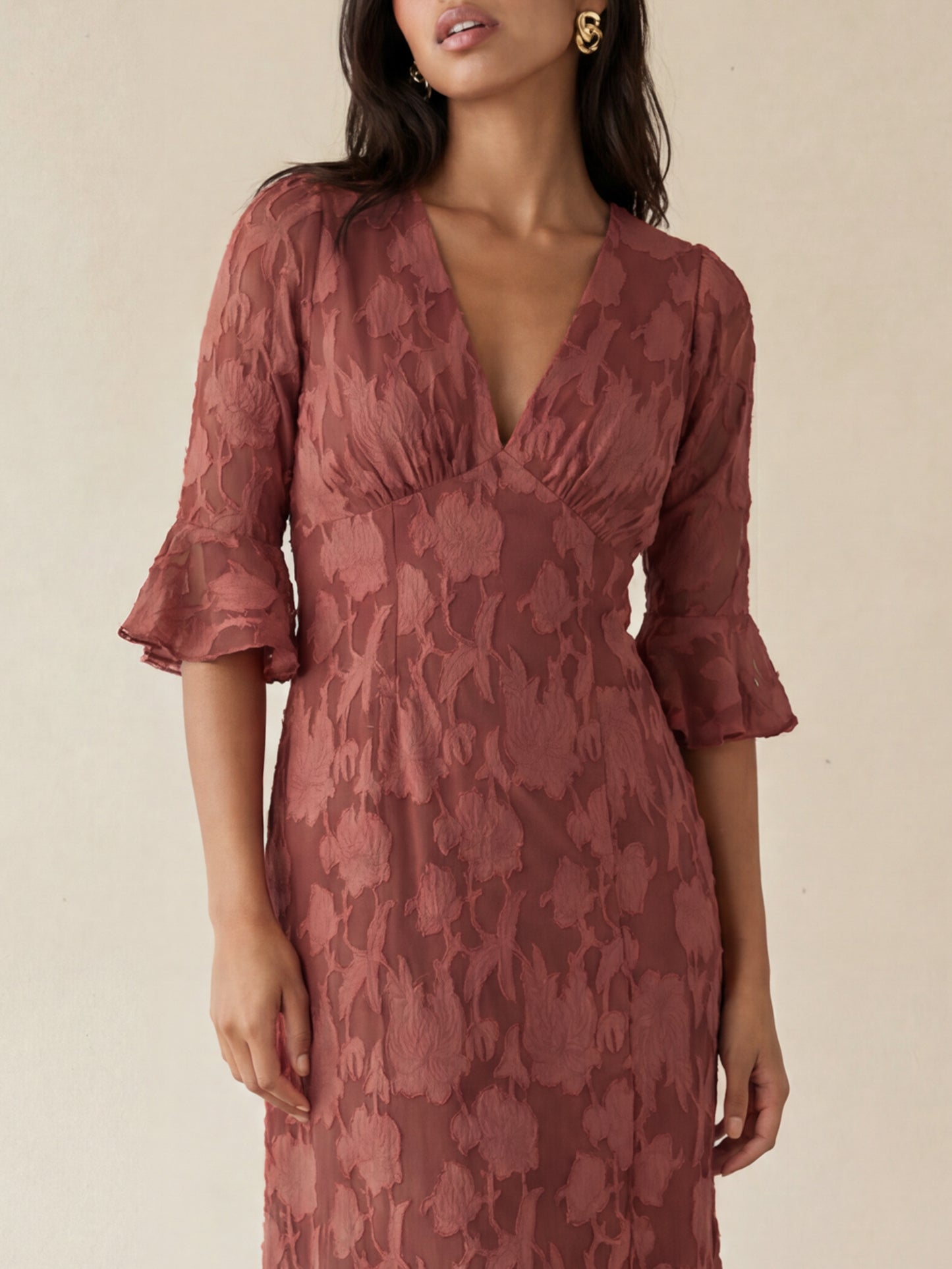 Anaya With Love Recycled Rusted Rose 3/4 Fluted Sleeves Maxi Dress