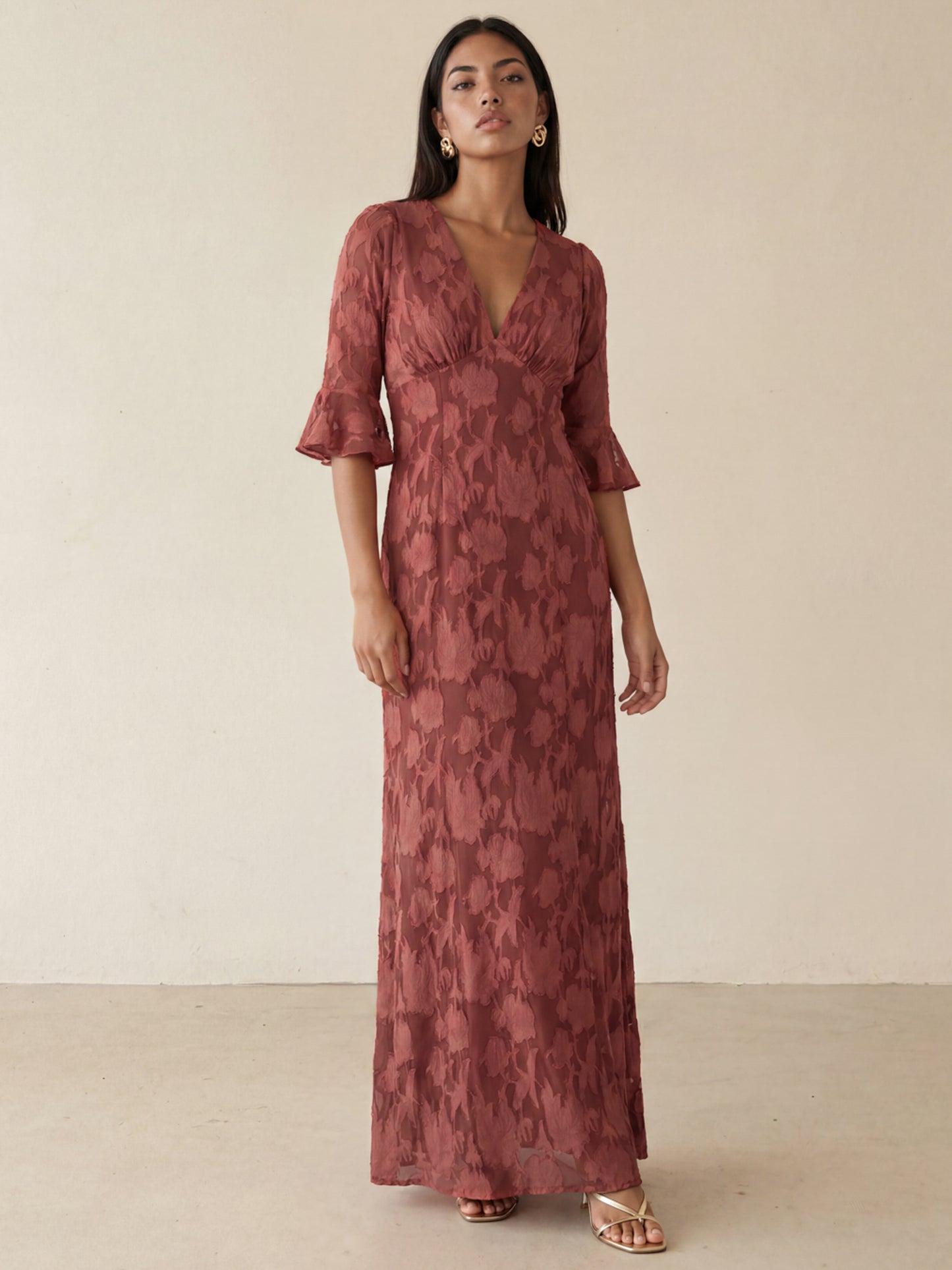 Anaya With Love Recycled Rusted Rose 3/4 Fluted Sleeves Maxi Dress