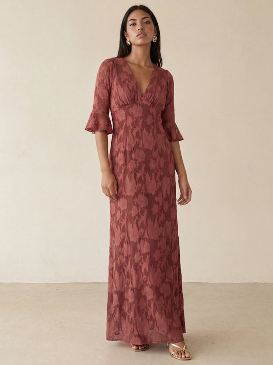 Anaya With Love Recycled Rusted Rose 3/4 Fluted Sleeves Maxi Dress