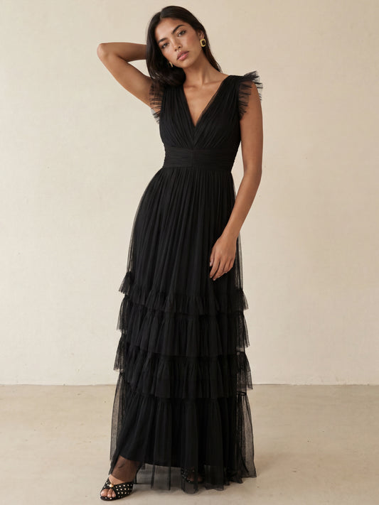 Anaya With Love Recycled Black Flutter Sleeve Ruffle Maxi Dress