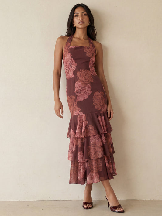 Anaya With Love Recycled Floral Print Halter Neck Tiered Midaxi Dress