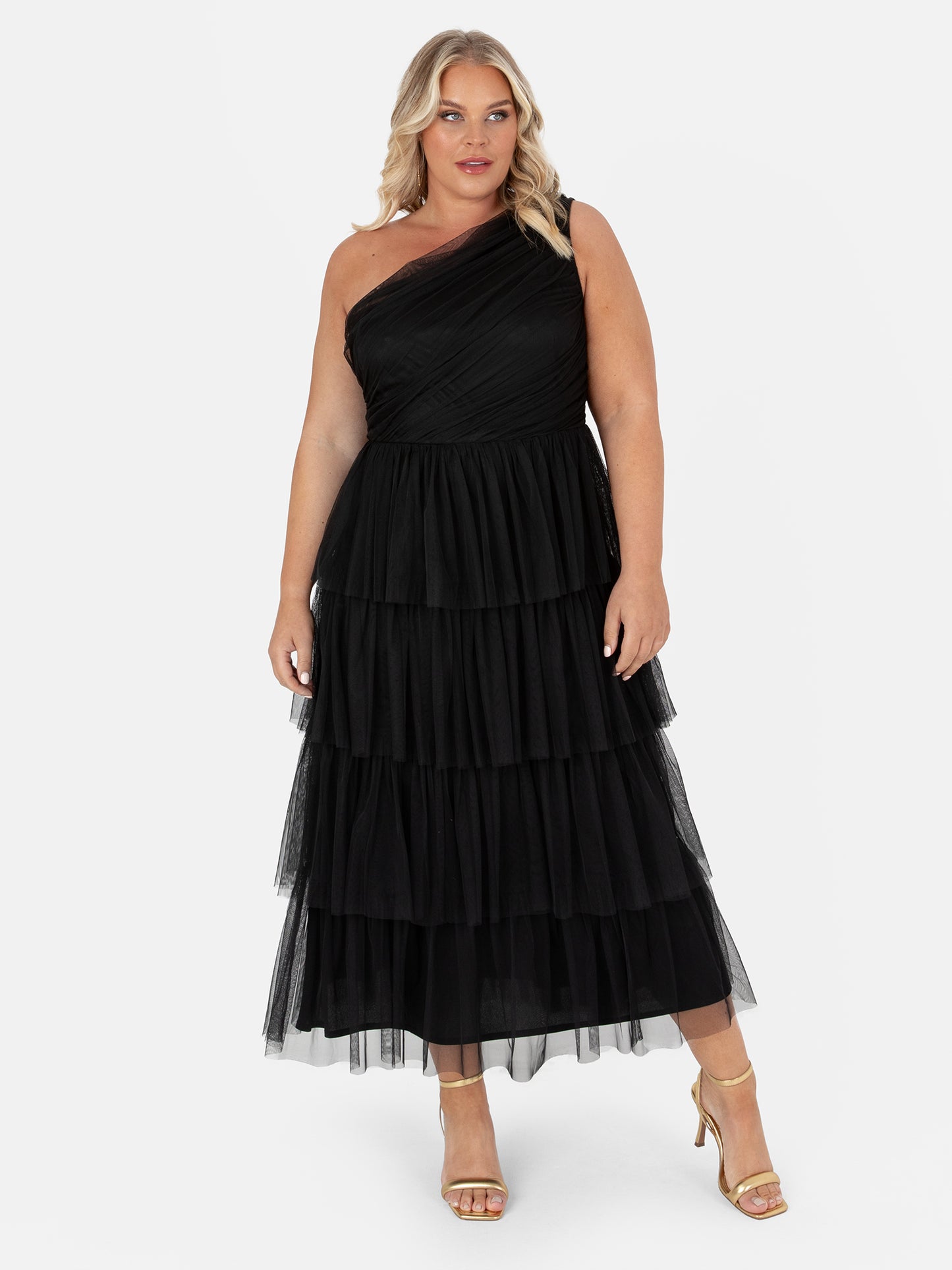 Anaya With Love Recycled Black One Shoulder Tiered Midi Dress