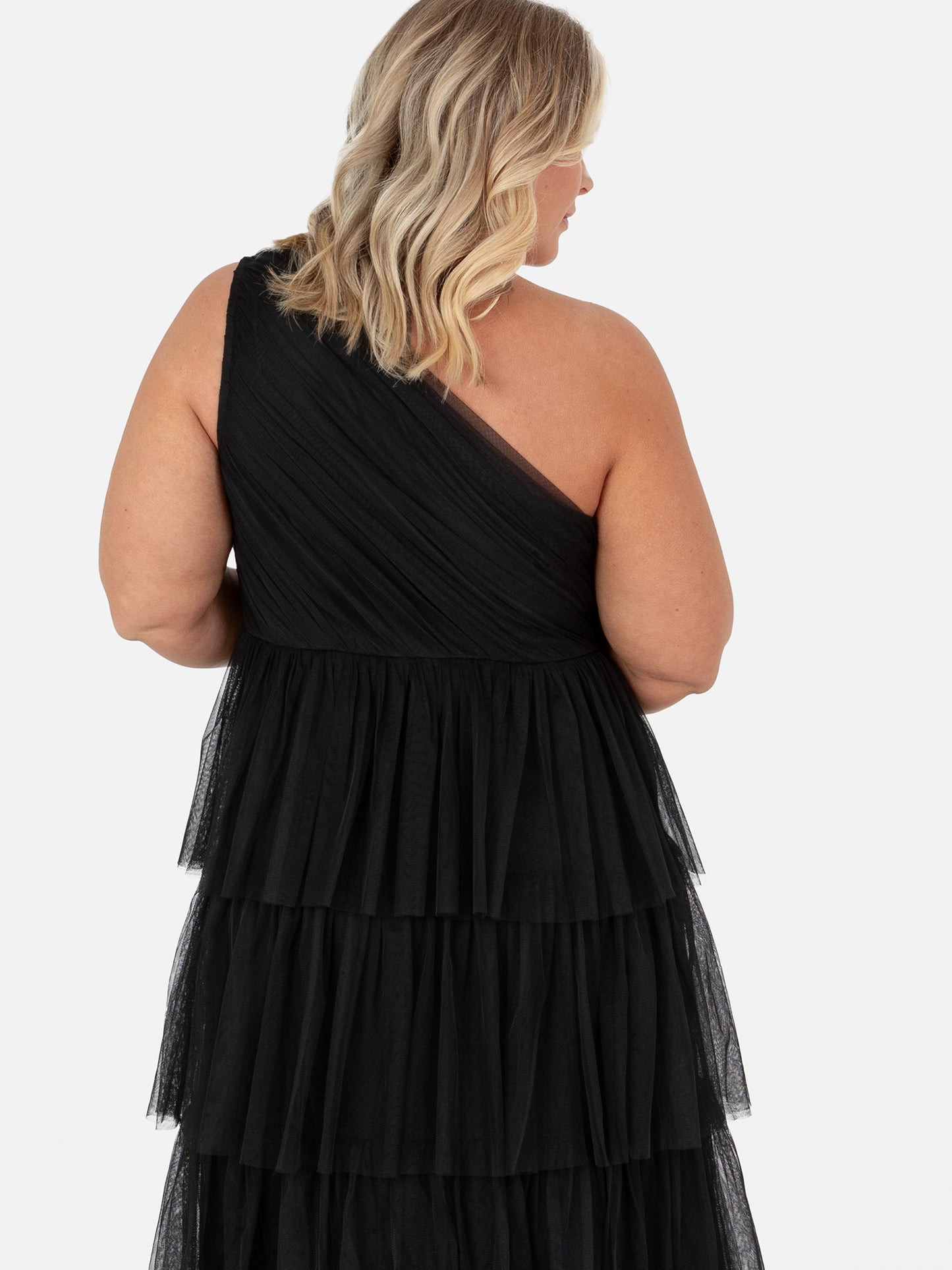 Anaya With Love Recycled Black One Shoulder Tiered Midi Dress