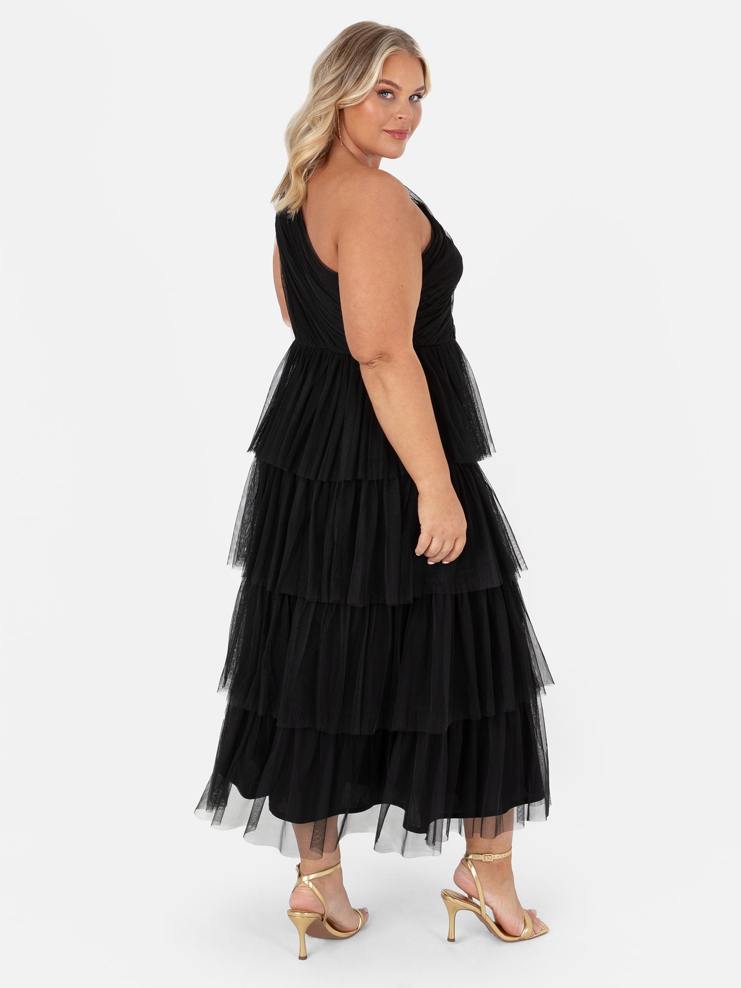 Anaya With Love Recycled Black One Shoulder Tiered Midi Dress