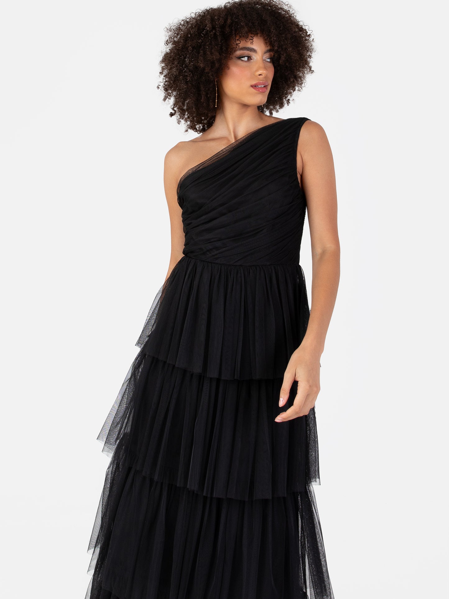 Anaya With Love Recycled Black One Shoulder Tiered Midi Dress