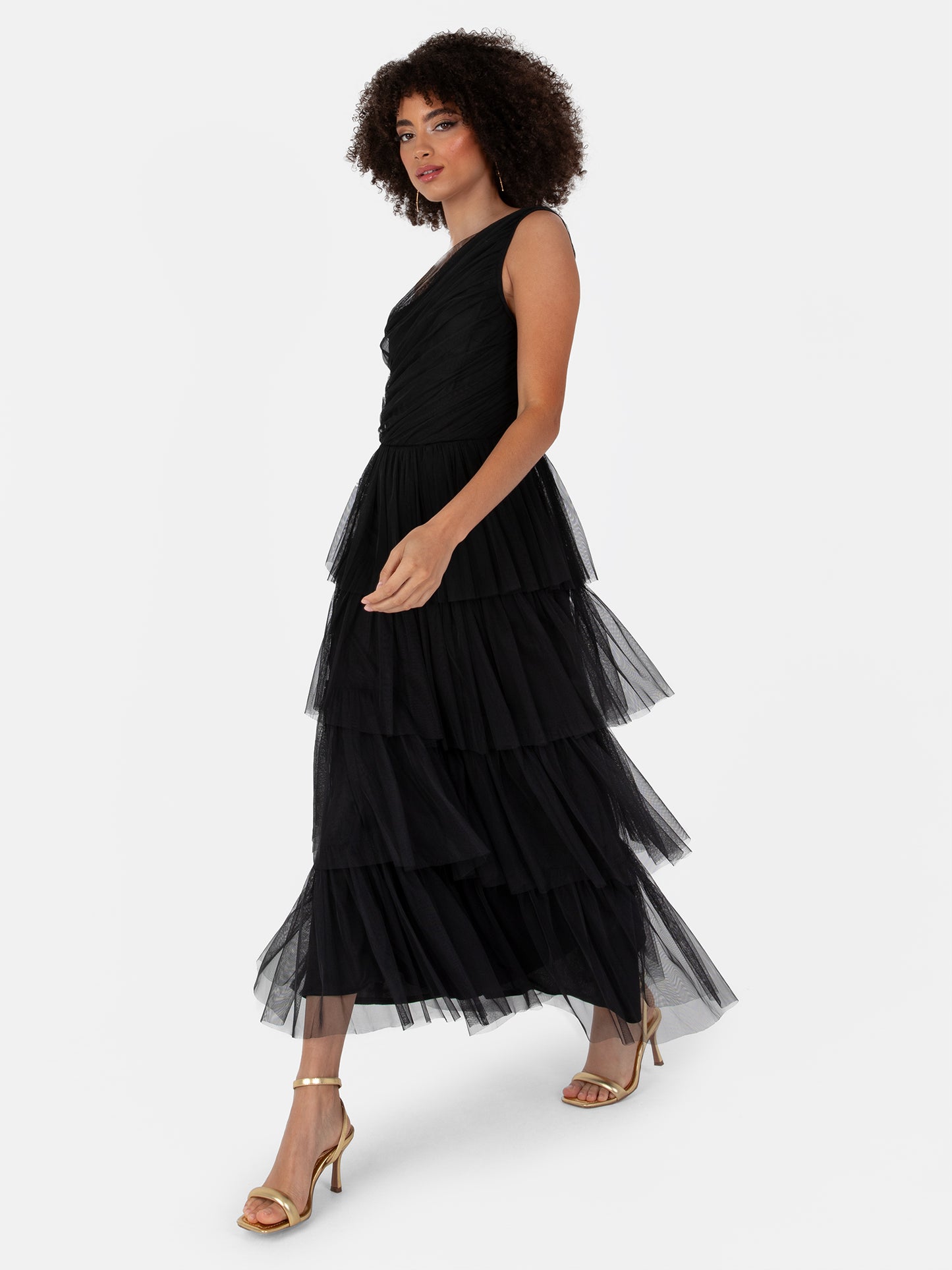 Anaya With Love Recycled Black One Shoulder Tiered Midi Dress
