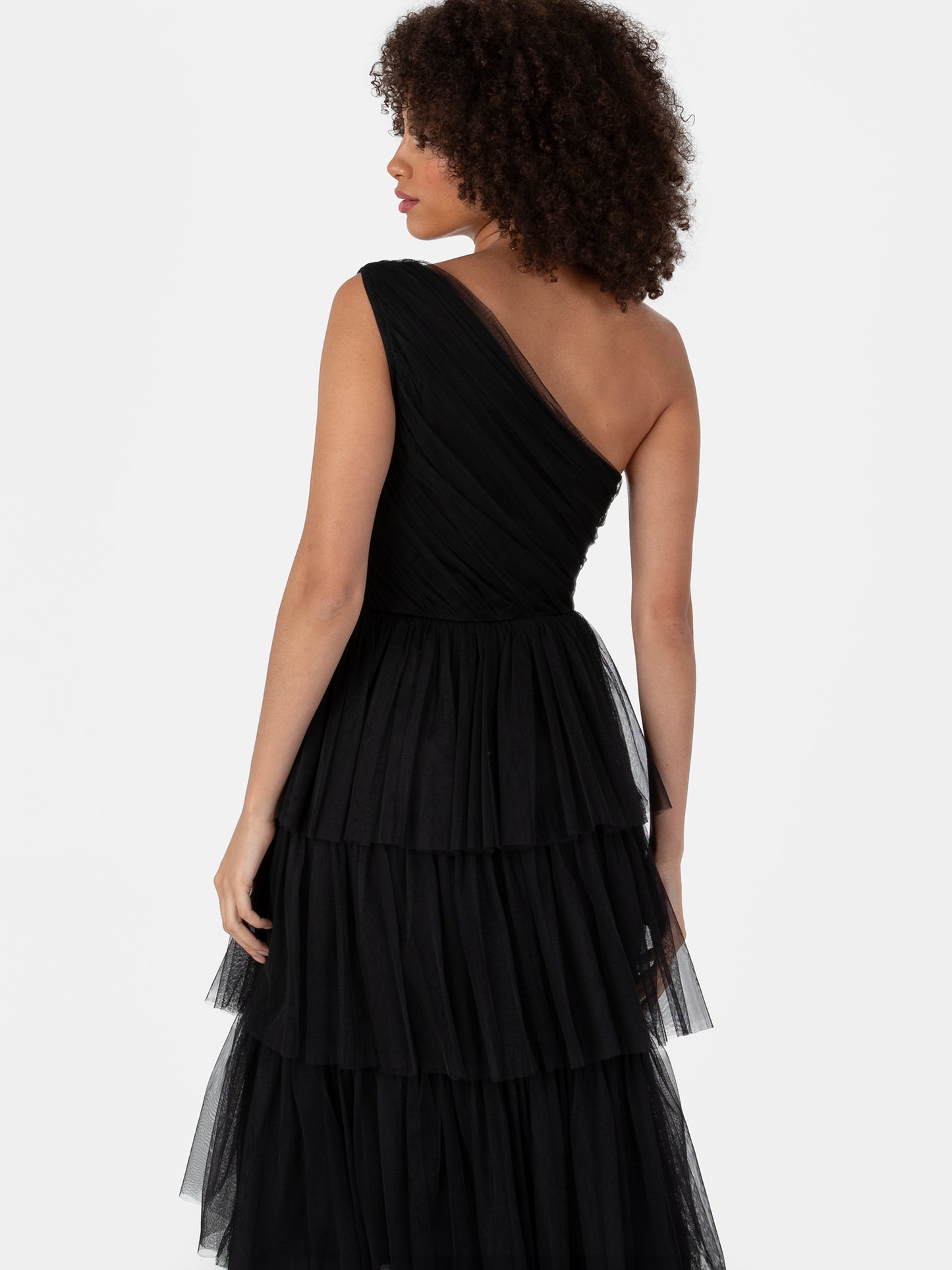 Anaya With Love Recycled Black One Shoulder Tiered Midi Dress