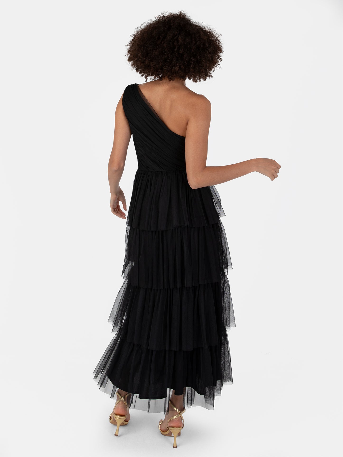 Anaya With Love Recycled Black One Shoulder Tiered Midi Dress