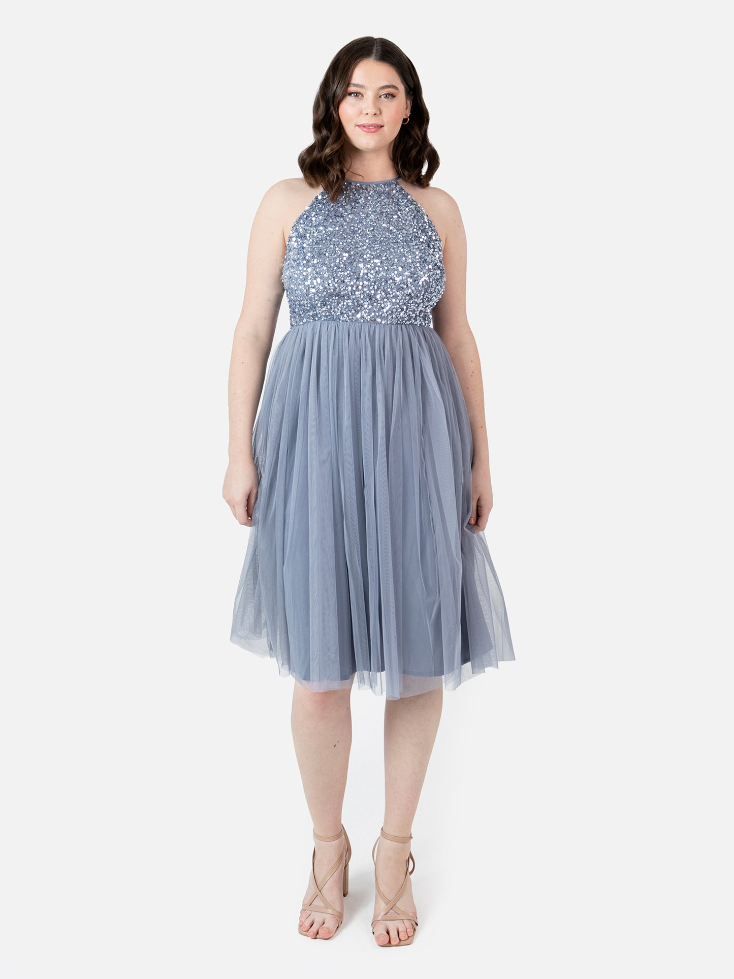 Maya Dusty Blue Embellished Halter Neck Midi Dress