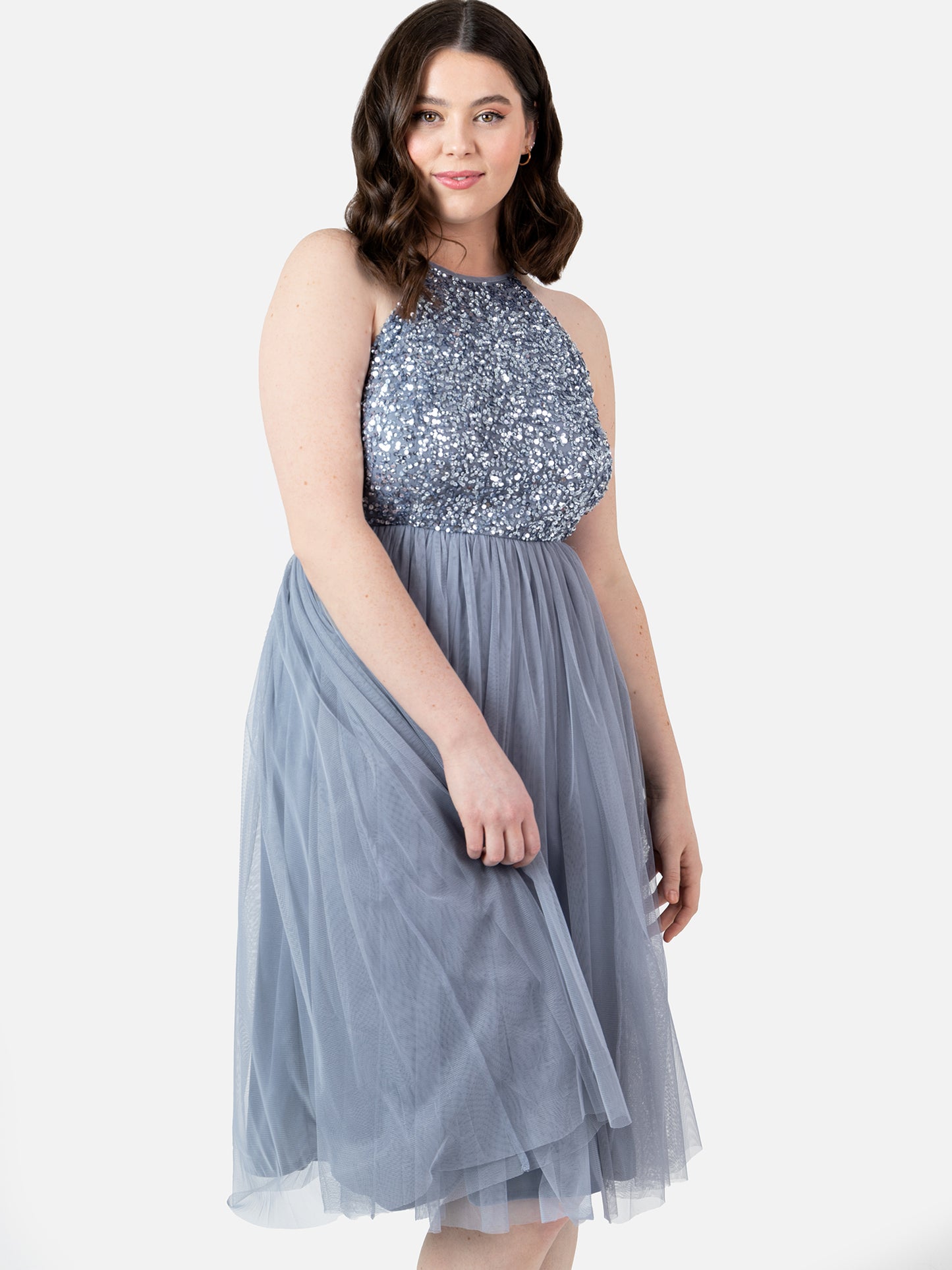 Maya Dusty Blue Embellished Halter Neck Midi Dress