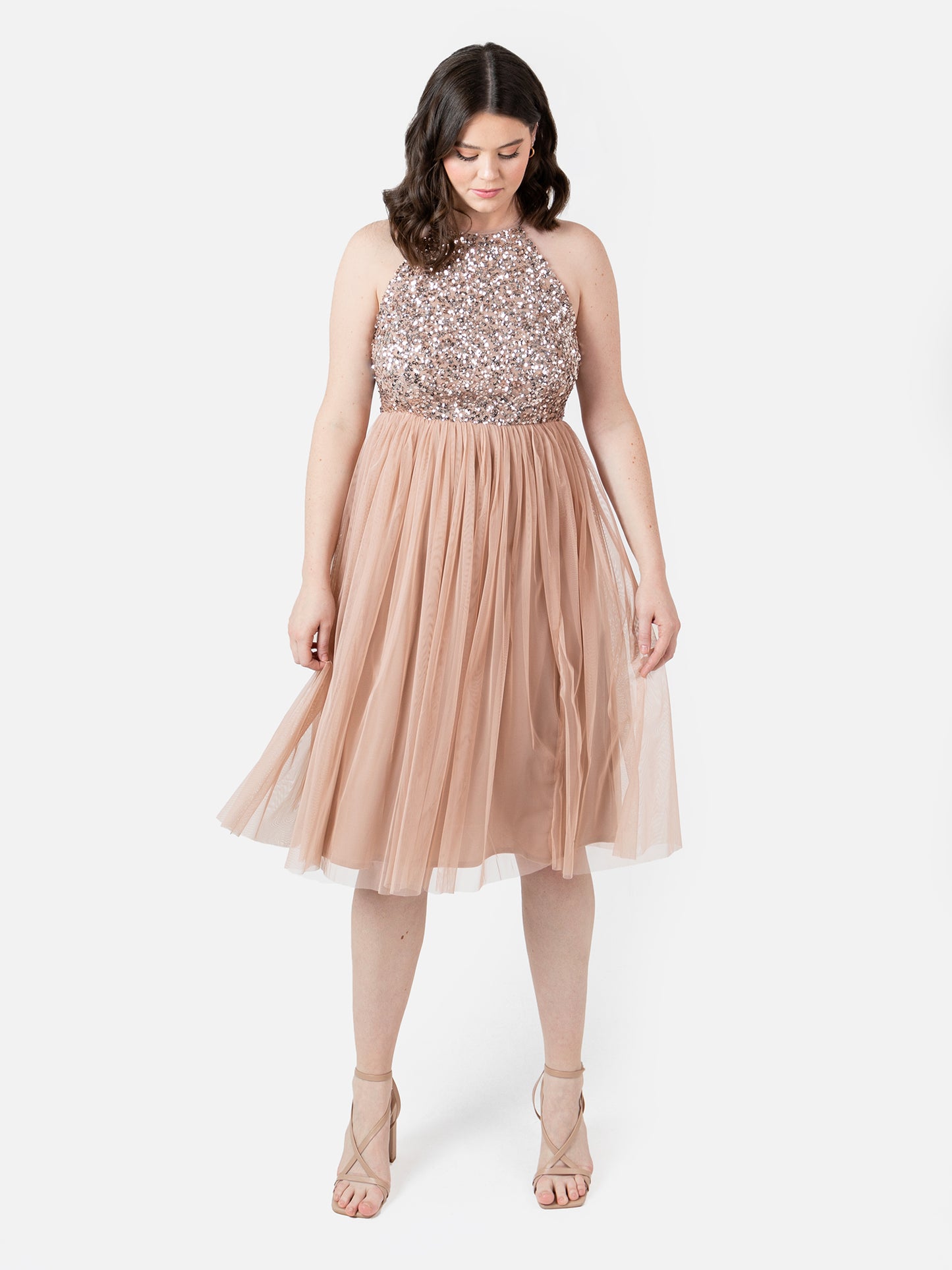 Maya Taupe Blush Embellished Halter Neck Midi Dress